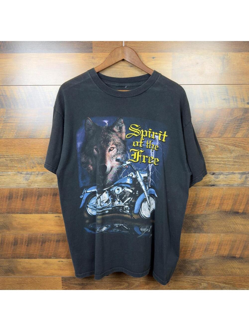 Vintage Spirit of the Free Wolf Motorcycle Biker T-Shirt Black